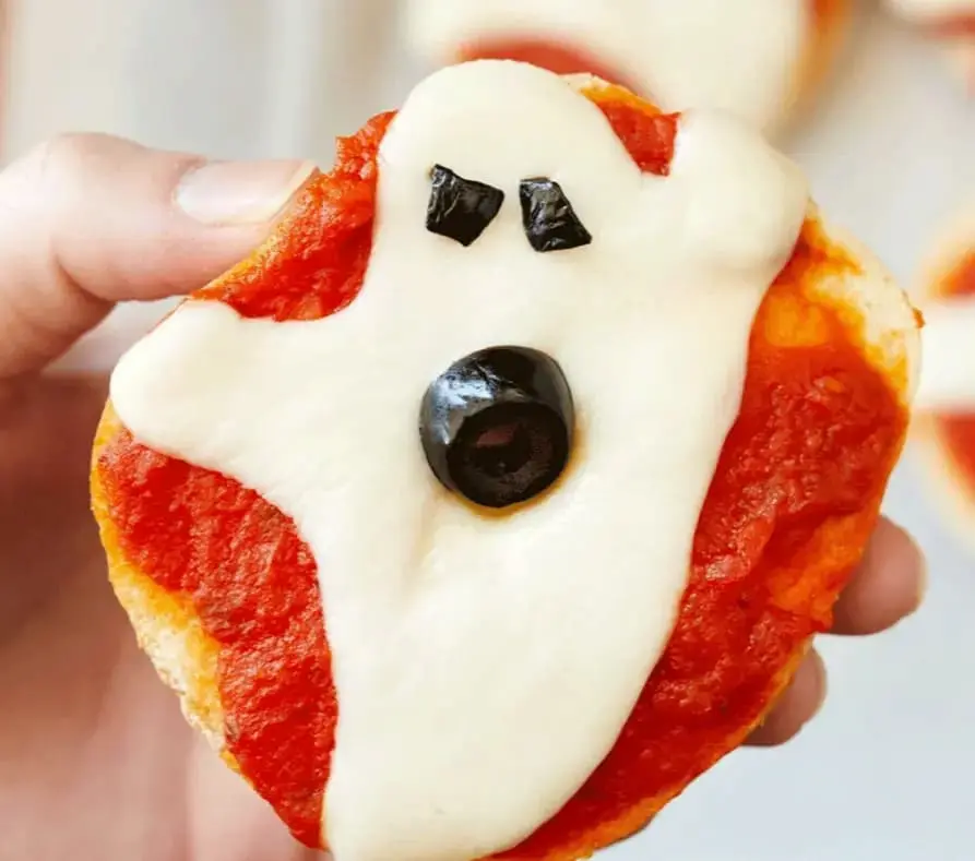 A single mini mozzarella ghost mini pizza.